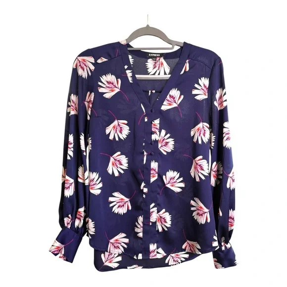 Express Navy Floral Sheer Romantic Boho Button Front Blouse Size Small - Picture 2 of 6